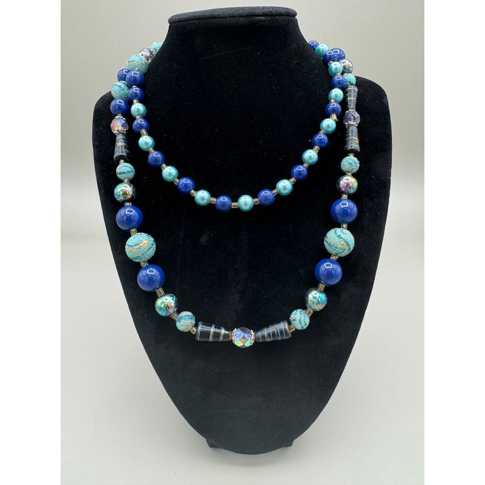 Vintage Blue Teal Gold Metallic Beaded Necklace